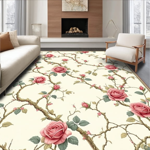 ODIKA 4'x6' Machine Washable Non-Slip Area Rug, Rose Trellis Romantic Floral Lattice High Traffic Rug, Pink, 216583