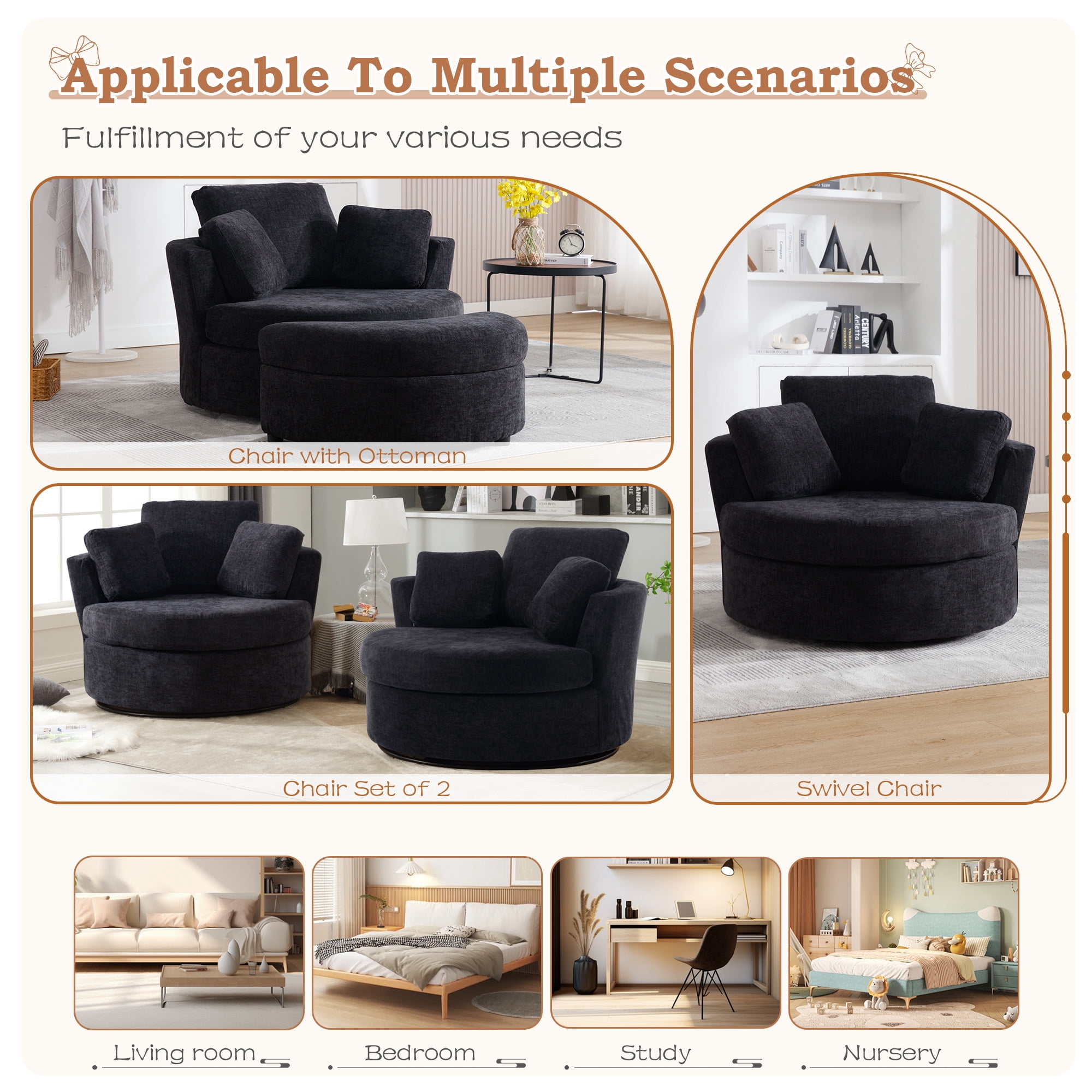 Muumblus Oversized Barrel Swivel Accent Chair Set of 2, Comfy Armchair with 3 Pillows, Modern Chenille Fabric Leisure Sofa Chair for Living Room, Bedroom, Black