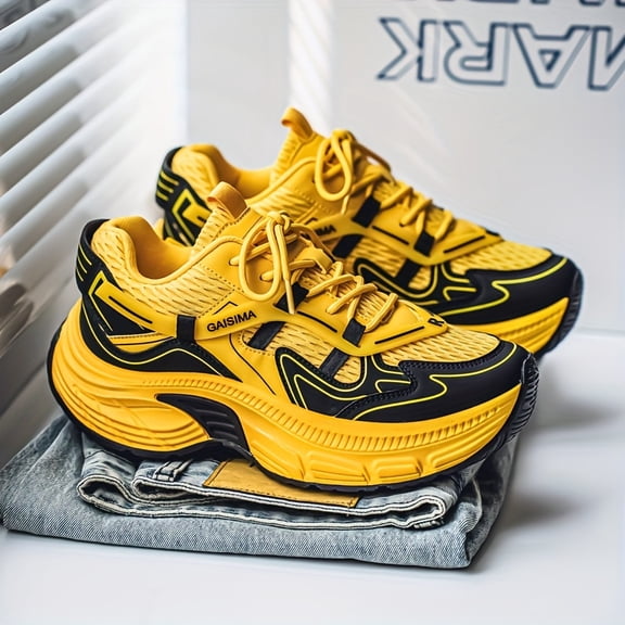 Men'S Retro Chunky Platform Sneakers with Airflow Mesh & Arch Support - All-Season Low-Top Lace-Up Shoes & Cushioned Comfort, Yellow  Colorway, Arch Support Insole, Durable Synthetic Cover-like