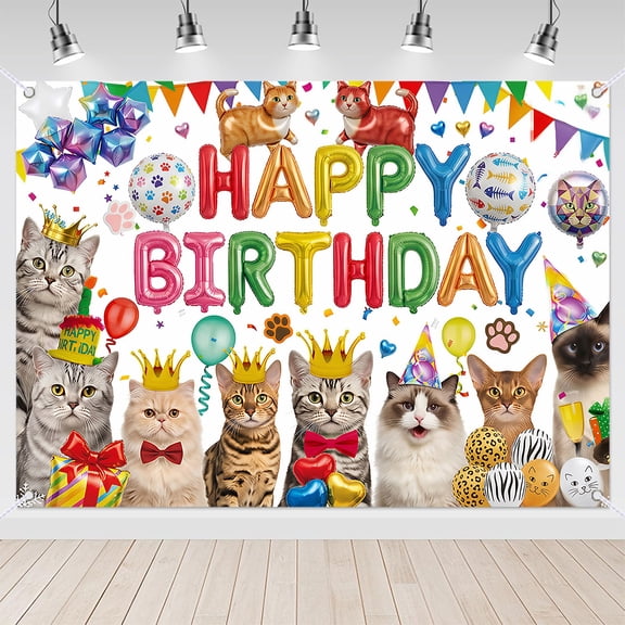 7x5ft Cute Cats Balloons Happy Birthday Backdrop for Party Decorations