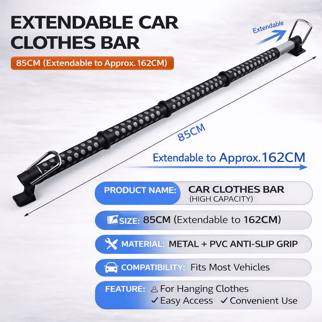 Car Clothes Hanging Rod, Adjustable Vehicle Garment Bar, Telescopic Backseat Hanger Pole with PVC Anti-Slip Grip for SUV Truck Van Interior Storage
