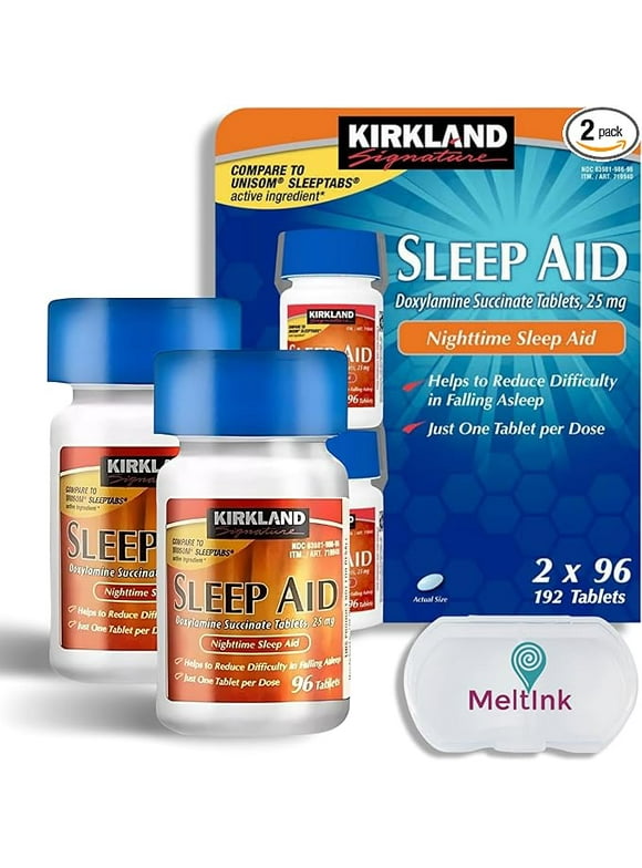 Kirkland Doxylamine Succinate Sleep Aids for Adults Kirkland Signature Sleep Supplement Kirkland Sleep Aid 2 Pack with Pill Box Fast Acting Non-Habit Forming Formula 96 Tablets Per Bottle