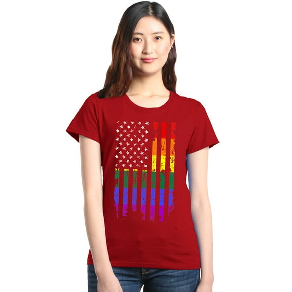 Shop4Ever Women's Distressed Rainbow Flag Gay Pride Graphic T-Shirt XXX-Large Red