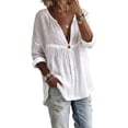 thumbnail image 2 of Women's Henley V Neck Linen Blouse Boho Solid Long Sleeve Loose Tunic Tops Casual Comfy Shirt for Summer Vacation White 2XL, 2 of 3