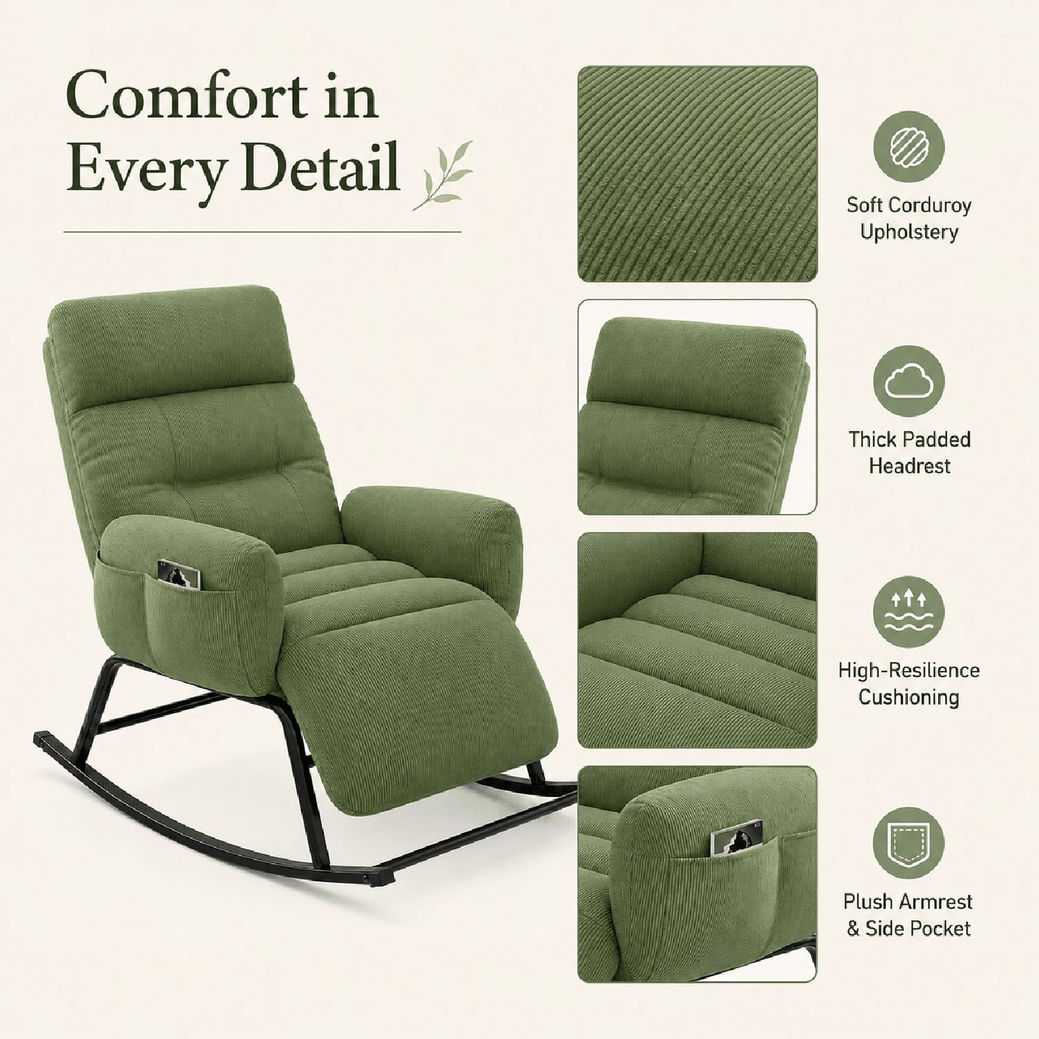 Modern Rocking Chair with Retractable Footrest, Upholstered Lounge Chair with Side Pocket, Plush Fabric, for Living Room Bedroom