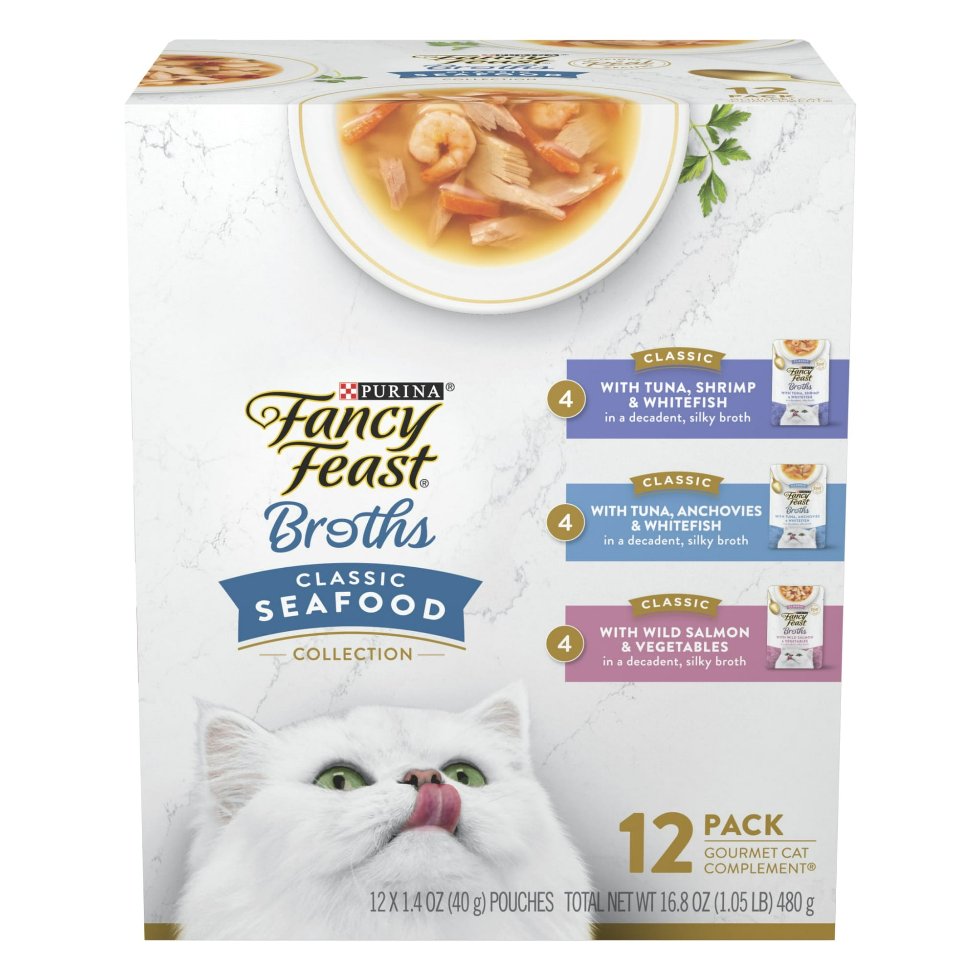 Purina Fancy Feast Classic Seafood Collection Broth for Cats Variety Pack, 1.4 oz Pouches (12 Pack)