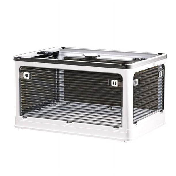 Caja de almacenamiento de ropa transparente con apertura de 4 vías, diseño de polea inferior, contenedor de almacenamiento de plástico PET para el hogar, marrón, blanco, grande 51,5x36x30