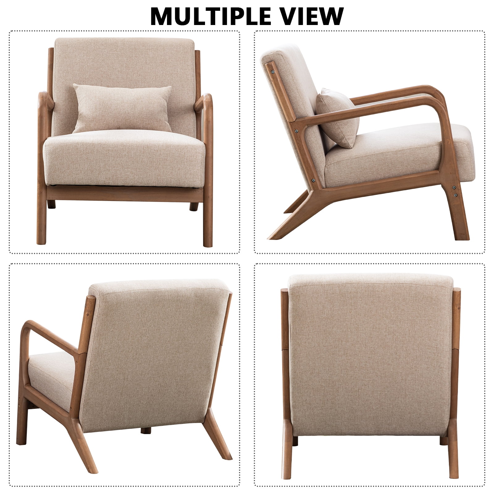 Bonzy Home Solid Wood Armchair, Mid-Century Accent Chair Set of 2 Living Room, Beige