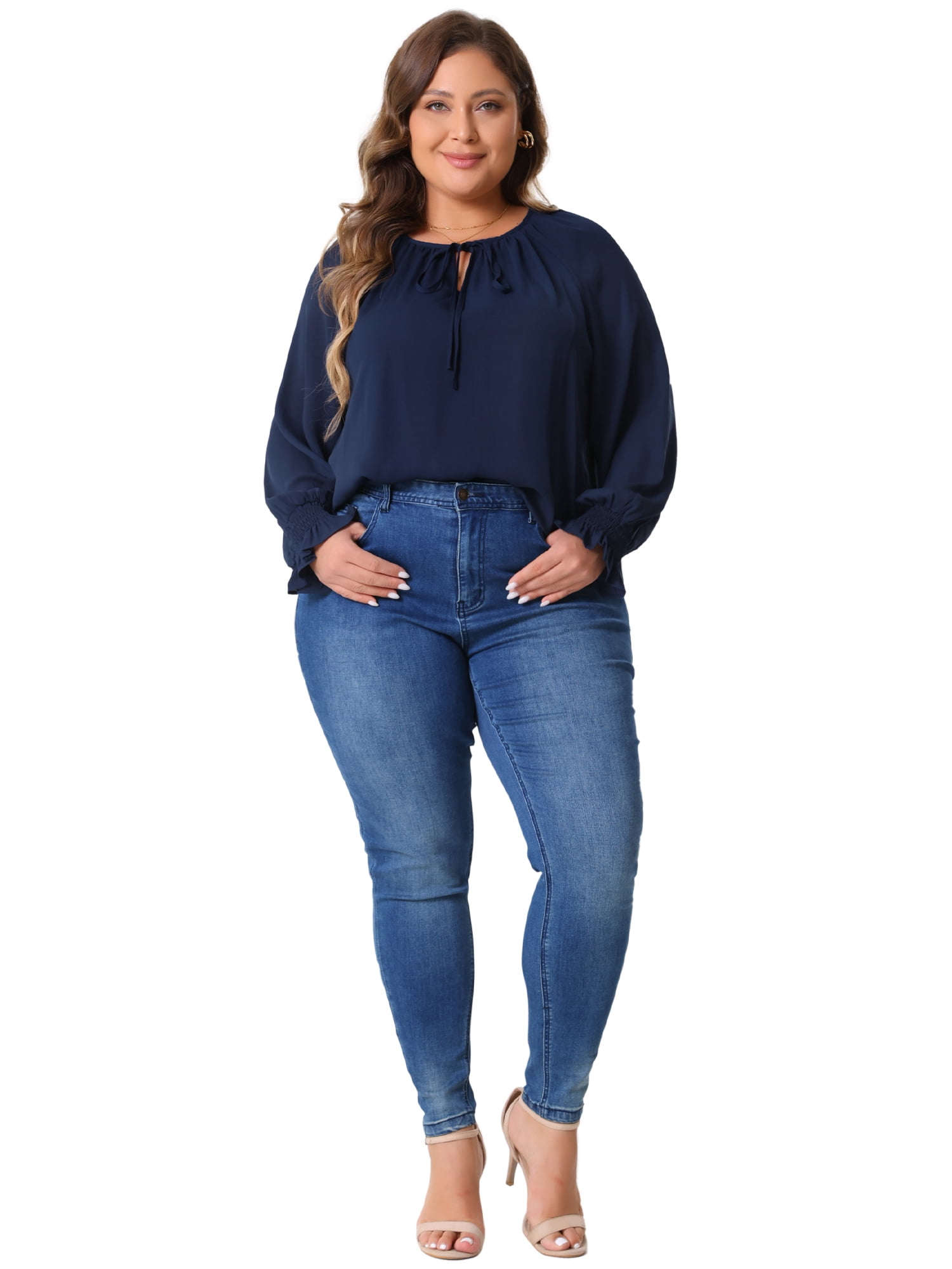 DARING DIVA Women's Plus Casual V Neck Drawstring Long Sleeve Blouse 1X Navy Blue