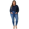 thumbnail image 3 of DARING DIVA Women's Plus Casual V Neck Drawstring Long Sleeve Blouse 1X Navy Blue, 3 of 6