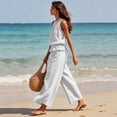 thumbnail image 6 of Women's Linen 2 Piece Outfits Summer Loungewear Sleeveless Ruffle Top Wide Leg Pants Beach Travel Sets, 6 of 6