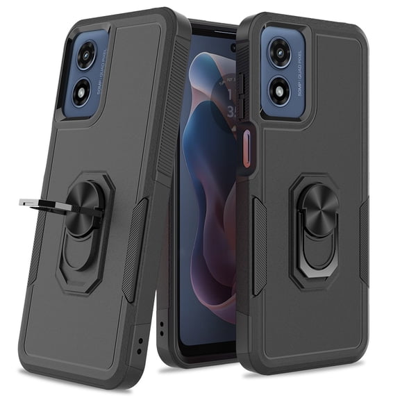 Rosebono Compatible With Moto G Play 2024 Case, Hybrid Metal Ring Magnetic Support Kickstand Protective Defender Armor Cover Case For Moto G Play 2024 (Black)