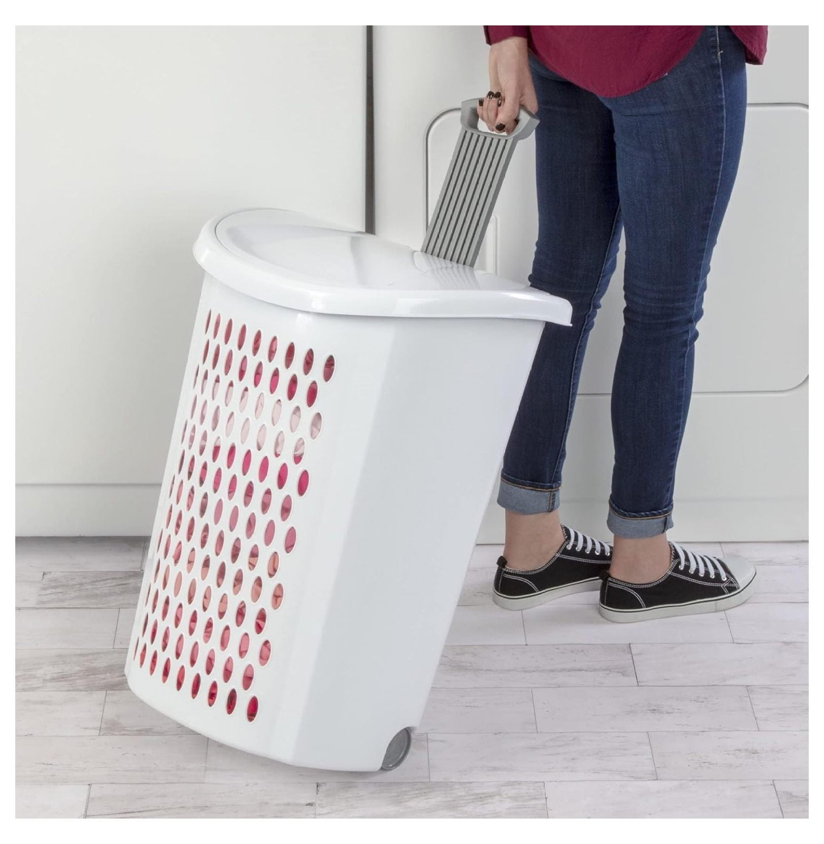 Ultra Wheeled Design Clothes Laundry Basket, Mind Reader Basket Collection，135 Liter （20 1/8" x 15 3/8" x 26 3/4"）Capacity, Laundry Hamper White Lid & Base w/Plastic Handle & Wheels