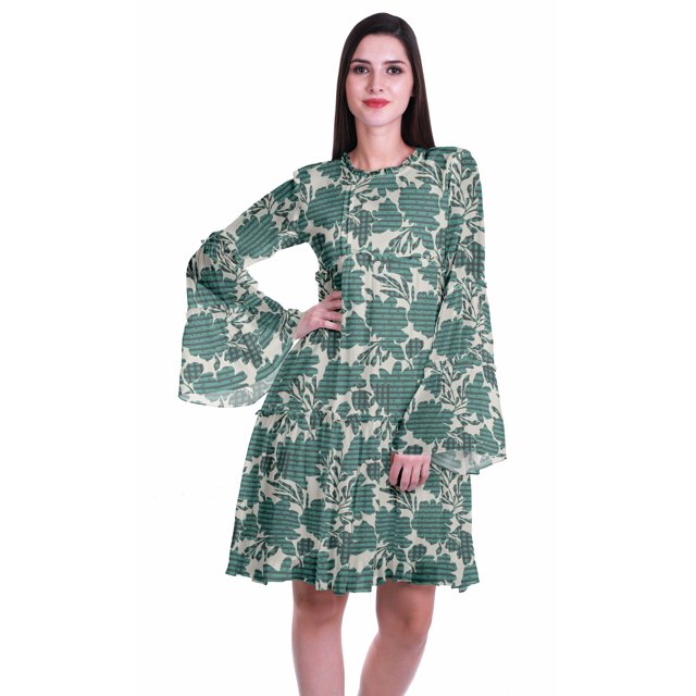 Moomaya Robe Longue à Manches Longues Imprimée Longueur Genou Robe d'Été Évasée