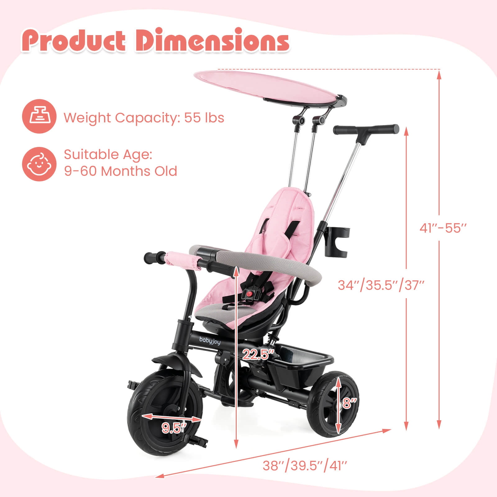 Costway Toddler Tricycle, 7 in 1 Push Trike with Adjustable Canopy Parent Push Handle Seat Pink