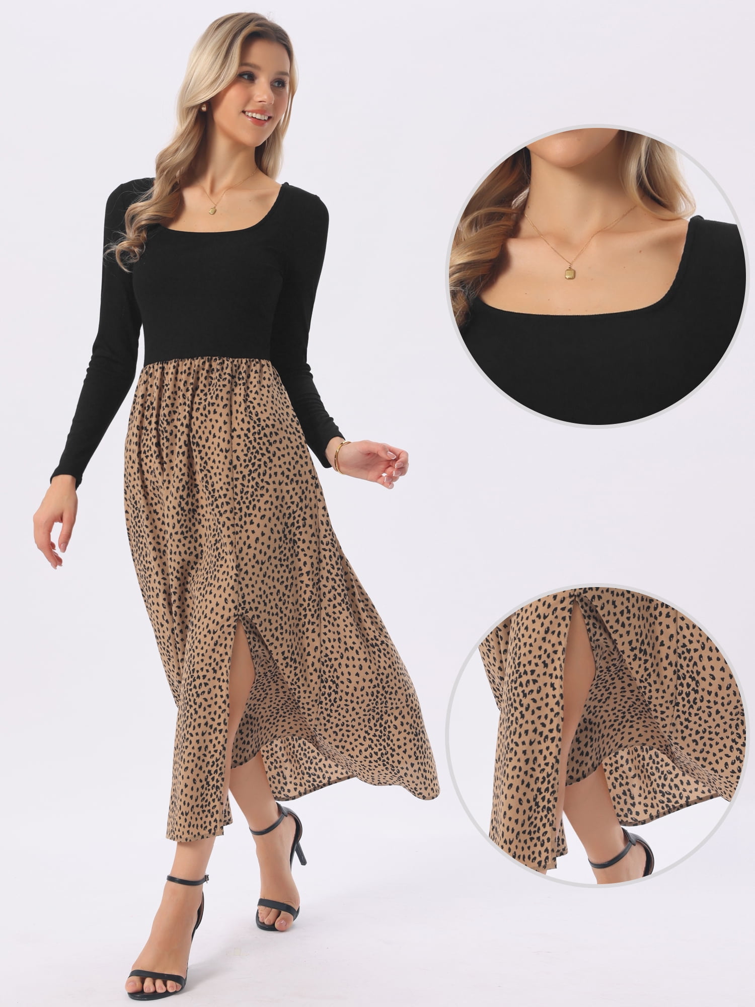 DARING DIVA Women's Maxi Long Sleeve Flowy Vintage Casual Floral Dress XL Black Khaki