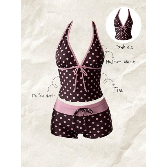 Women’s 2pc Polka Dot Halter Tankini Swimsuit, Vintage Y2K Tie Front Crop Tankini Top & Drawstring Boyshort Bikini Bottom, Built-In Padded Bra Modest Two-Piece Bathing Suit for Beach Pool Vacation