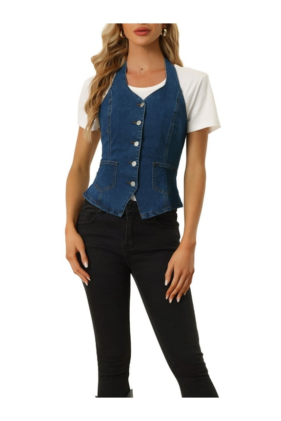 Casual Denim Vest for Juniors Halter Neck Button Down Backless Jean Waistcoat Dark Blue L