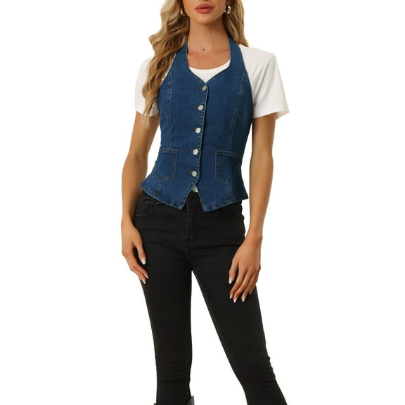INSPIRE CHIC Women's Denim Vest Halter Neck Button Down Backless Jean Waistcoat XS Dark Blue