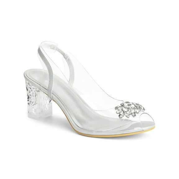 BLISSFUL STEP Women's Clear Slingback Rhines Peep Toe Block Heels Sandals