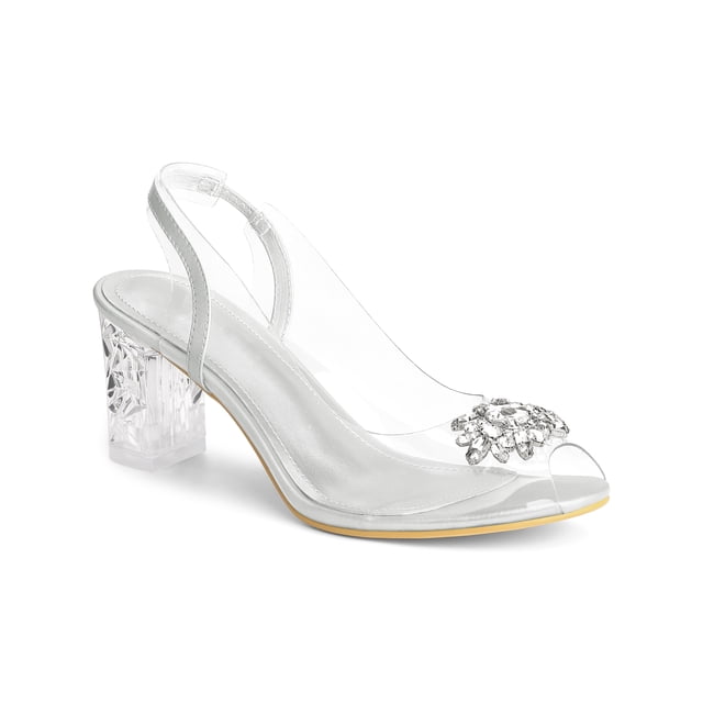 BLISSFUL STEP Women's Shoes Clear Slingback Rhinestone Peep Toe Block Heel Sandals Silver 10