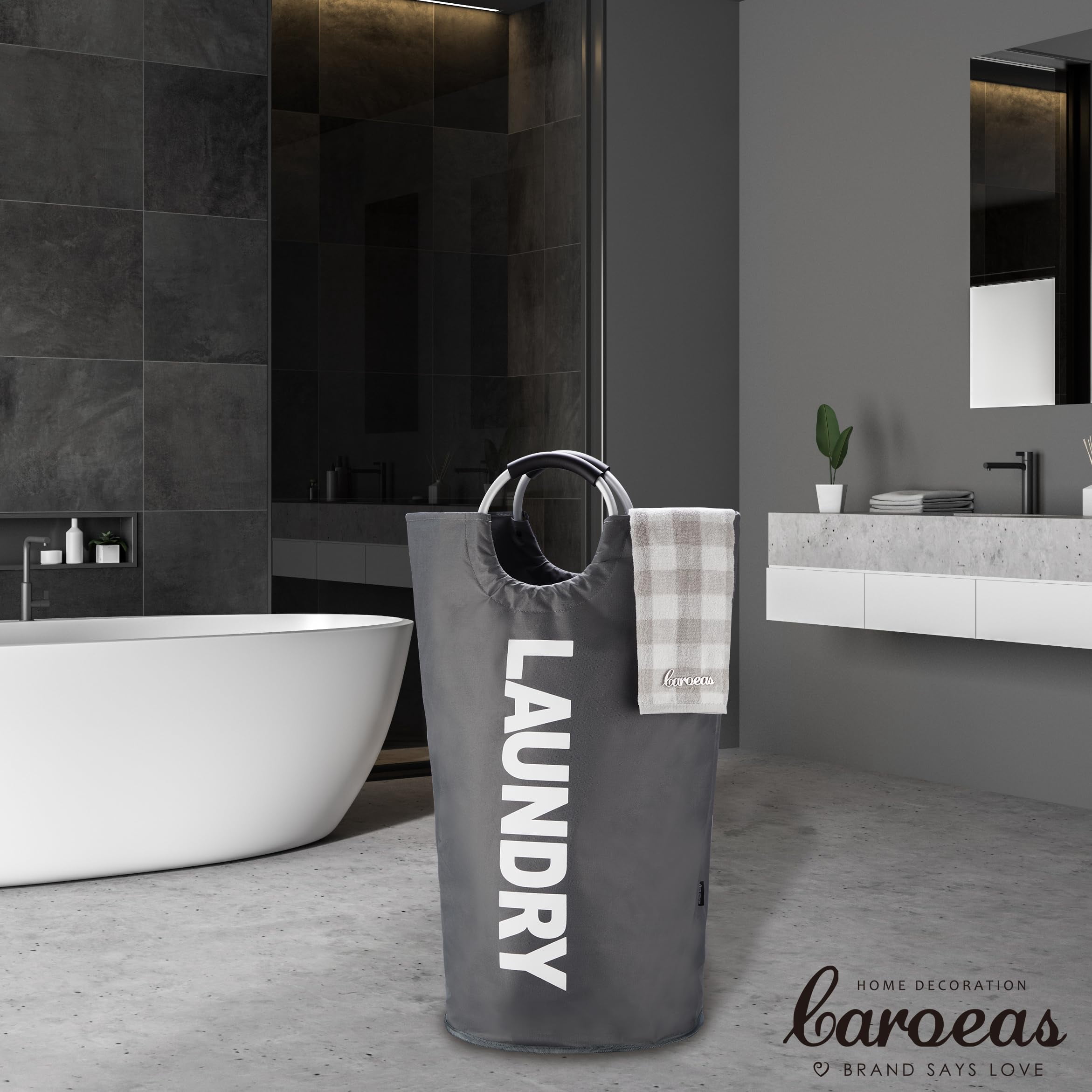 Caroeas 100L Laundry Basket ,Large Laundry Hamper, Laundry Bag with Padded Handles, Clothes Hamper Stands Up Well, Collapsible Free Standing Easy Storage Washing Bin (Dark Gray)
