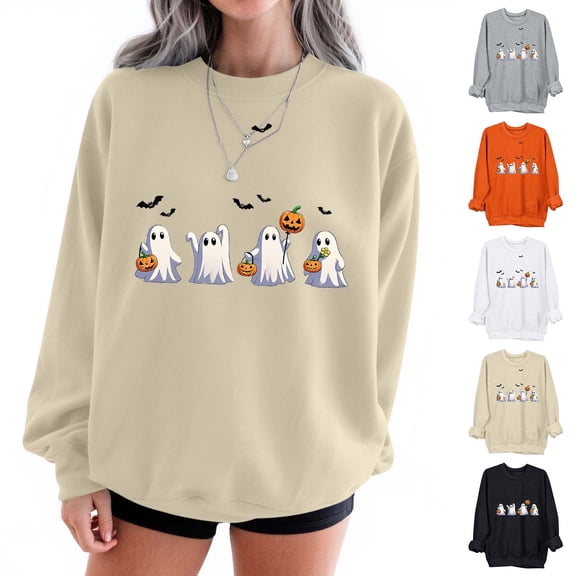 Aboser Halloween Sweatshirt Women Loose Fit Crewneck Shirts Trendy Print Long Sleeve Holiday Tops Lightweight Casual Pullover Sweatshirts