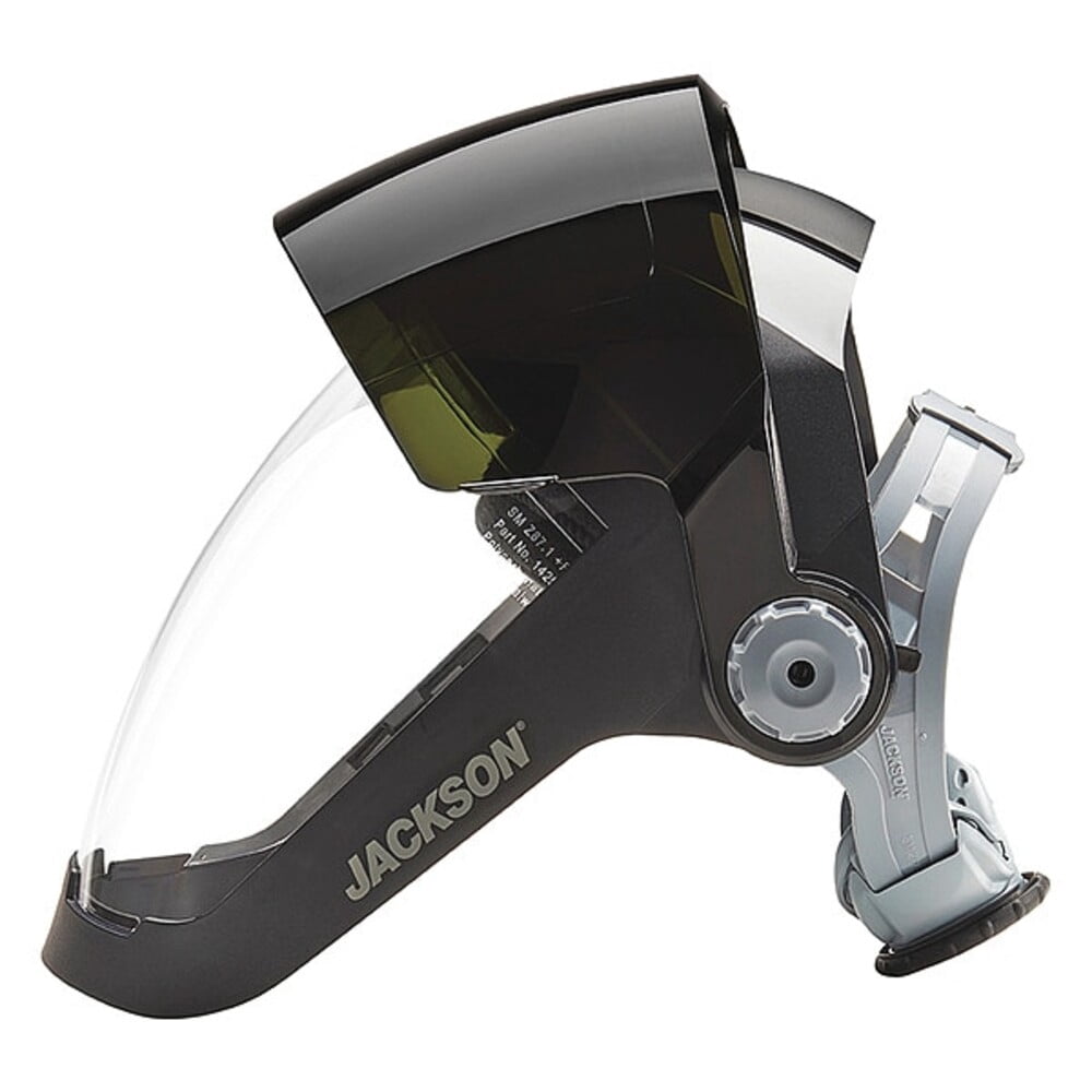 Jackson Safety Face Shield - QUAD 500 Premium Multi-Purpose Series - 9' x 12.125' x 0.060" Window - Clear AF with Shade 8 IR Flip Visor - 370 Speed Dial Headgear