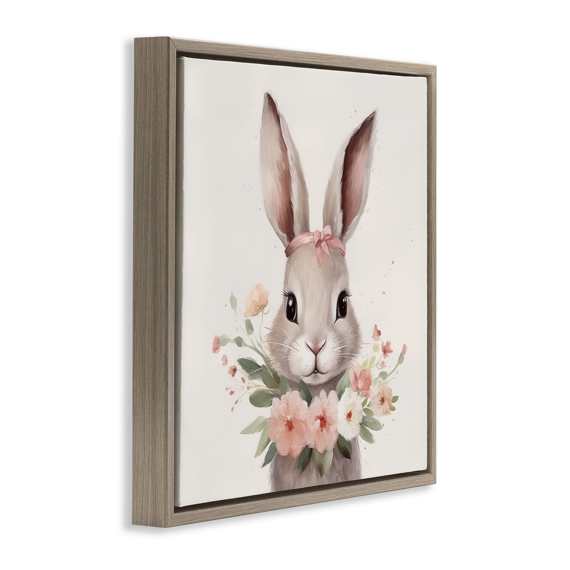 Stupell Industries Charming Bunny in Floral Wreath Brown Framed Floater Canvas Wall Art, design by Lazar Studio