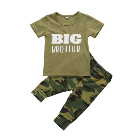 

Binpure Baby Kids Boys Clothes Set Big/Little Brother Letter Print Romper/Top+Long Pants+1*Camouflage Hat