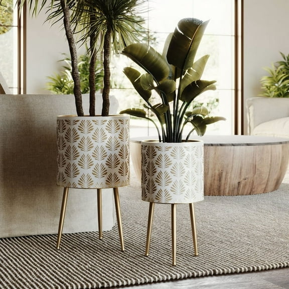 2-Piece Boho Metal Planter Pot With 3-Leg Gold Metal Base - White & Gold - 20"H x 10.5"W / 15.75"H x 8.5"W