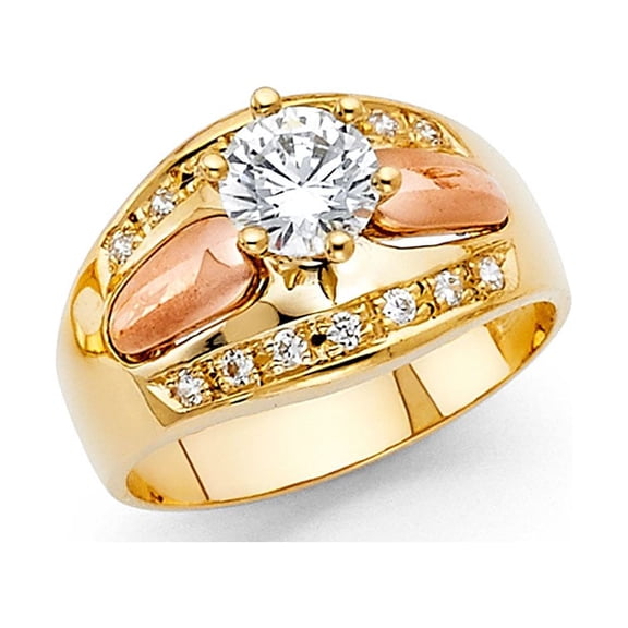 14k Yellow & Rose Gold Round CZ Wide Engagement Ring Anniversary Flower CZ Band Two Tone Solid, Size 7