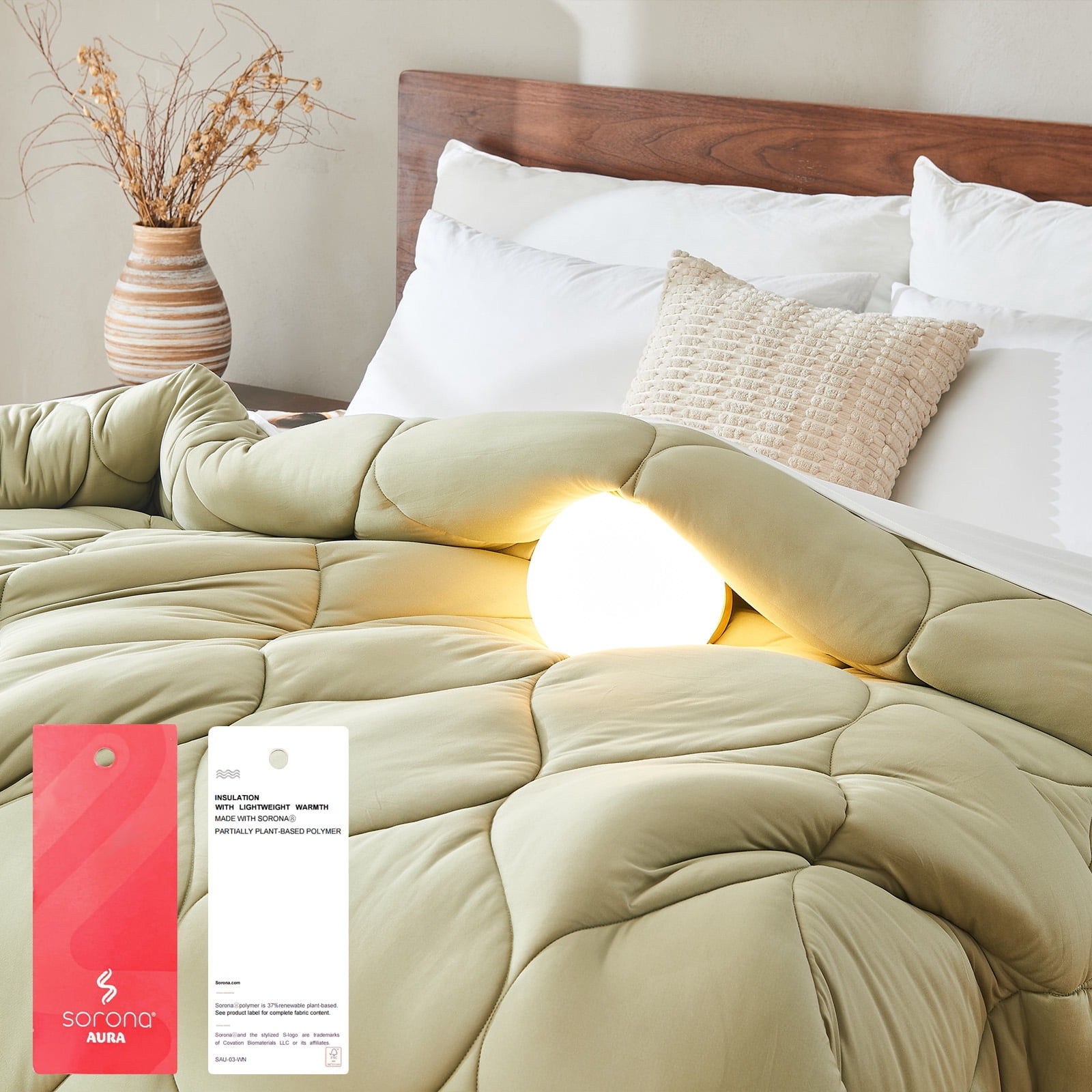 Bestier Sorona Eco Fabric Queen Size Comforter | All-Season Boho Duvet Insert with Anti-Clump Tech | Luxury Hotel Winter Warm Close-Fitting Down Alternative, Olive Green (90x90 inches)