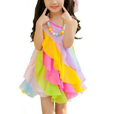 

Rainbow Dress Toddler Girls Dresses Sweet Rainbow Summer Beach Sundress Tulle Skirt for Party Holiday Photography Costume - 150