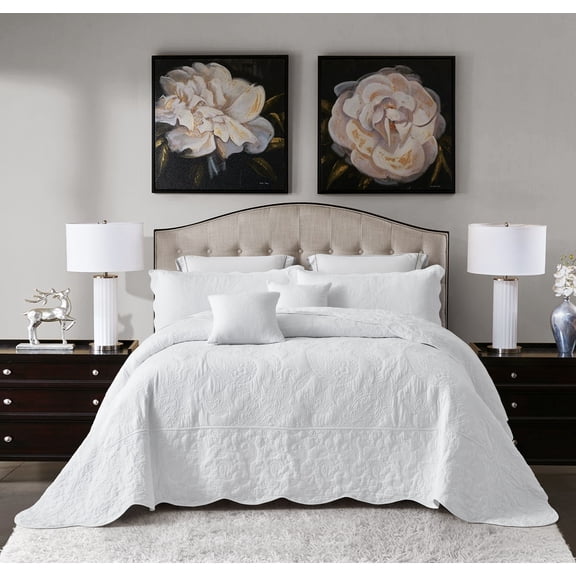Blythease Oversized Queen Bedspread Cotton, Reversible Paisley Pattern Design, Lightweight Bedding Cover, 5 Piece Set - Queen, Pure White