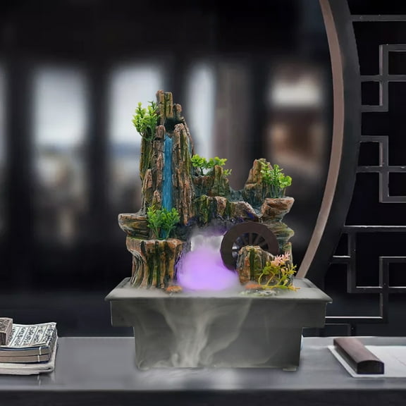 Square Desktop Fountain with Waterfall, Windmill, Atomizer, and LED Lights – Decorative Water Feature for Home and Office