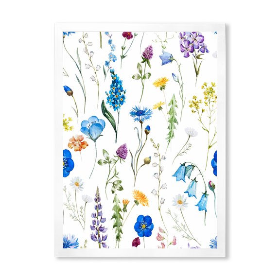 Designart 'Blue Wildflowers With Leaves I' Traditional Framed Art Print