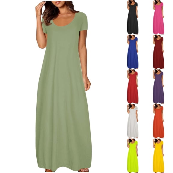 SROBPTY Plus Size Summer Dresses for Women Solid Crew Neck Short Sleeve Pockets Long