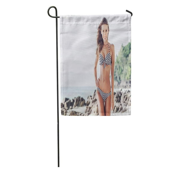 KDAGR Tan Fit Woman in Bikini Walking on Tropical Beach Summer Garden Flag Decorative Flag House Banner 12x18 inch