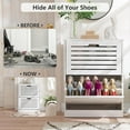 thumbnail image 3 of Narrow Shoe Cabinet with 2 Flip Drawers Freestanding Shoe Cabinet Organizer with Hollow Handle Wooden Shoe Rack Storage Cabinet for Entryway Hallway Bedroom Living Room White, 3 of 9