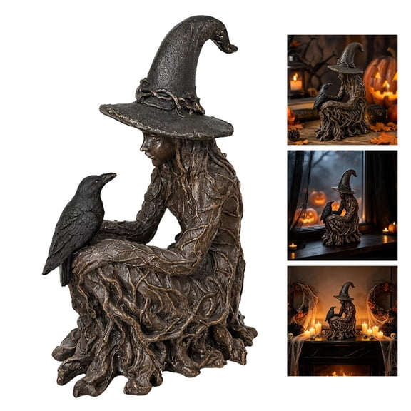 Resin Witch with Crow Figurine, Tree‑Root Textured Sitting Witch Statue, Gothic Tabletop Ornament for Halloween Home Shelf Mantel Indoor Decoration 20X13X9.5CM