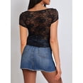 thumbnail image 3 of Michellecmm Women's Summer Slim Crop Tops Short Sleeve Low Cut Sheer Lace Floral Club T-shirt, 3 of 6