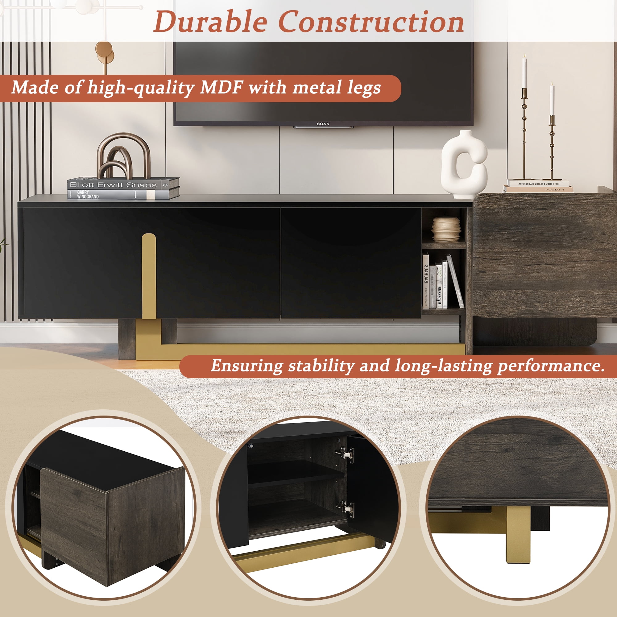 Paproos TV Stand for 70 inch tv, TV Cabinet with Drawer & Door, Living Room TV Console Entertainment Center with Open Shelves, Media Console Table Television Stand for Living Room, Black & Brown