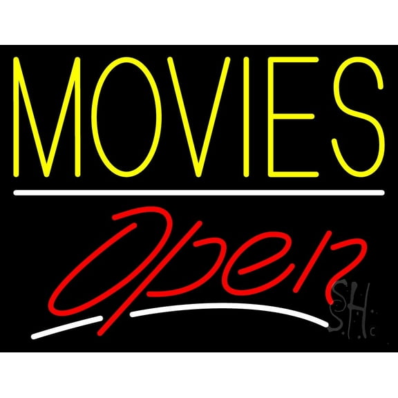 Yellow Movies Open LED Neon Sign 15" Tall x 19" Wide - inches Black Square Cut Acrylic Backing, with Dimmer - Premium built indoor Sign for Storefront, Store interior, Café, Events, Cinema.