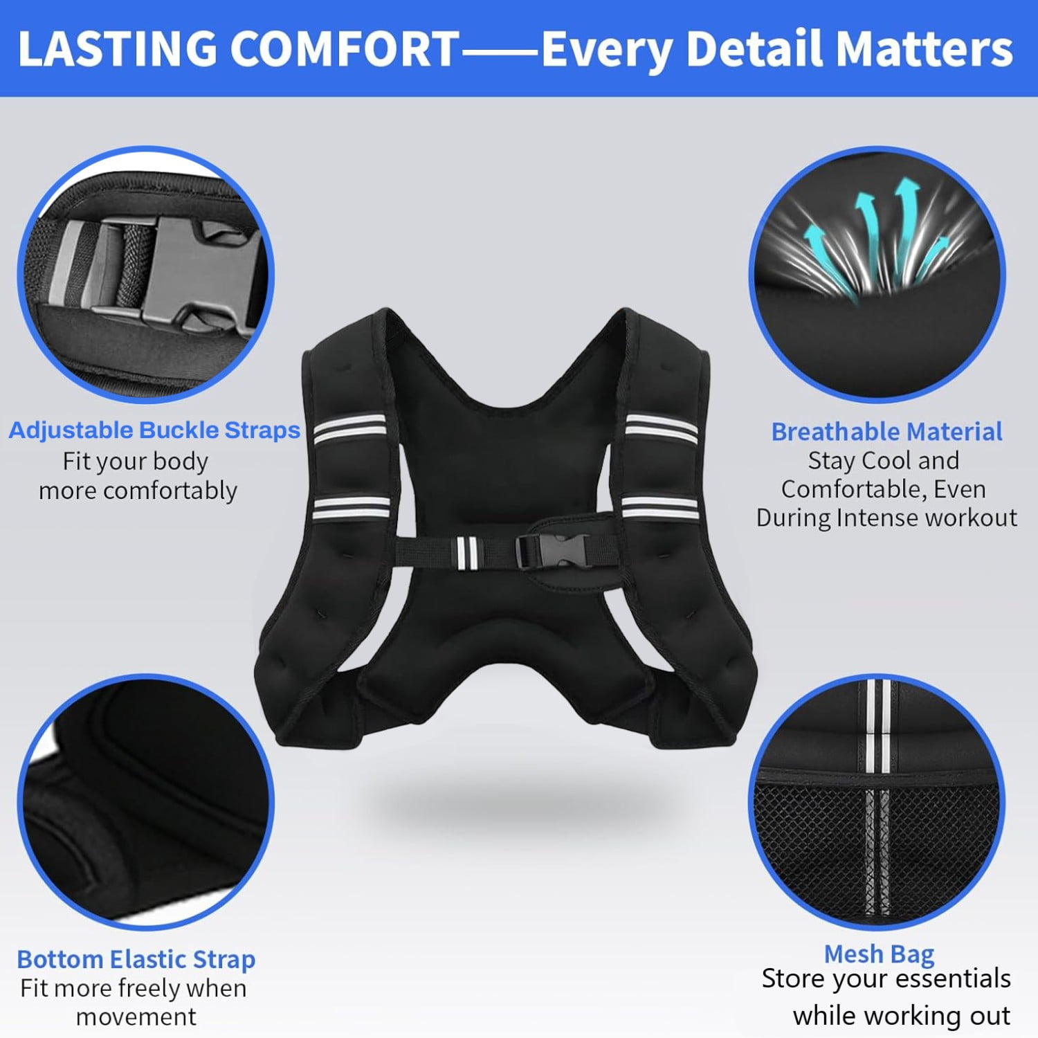 Behome Weighted Vest, 11lb Rucking Vest with Reflective Stripe & Large Pocket for Running, Training Workout, Jogging, Walking