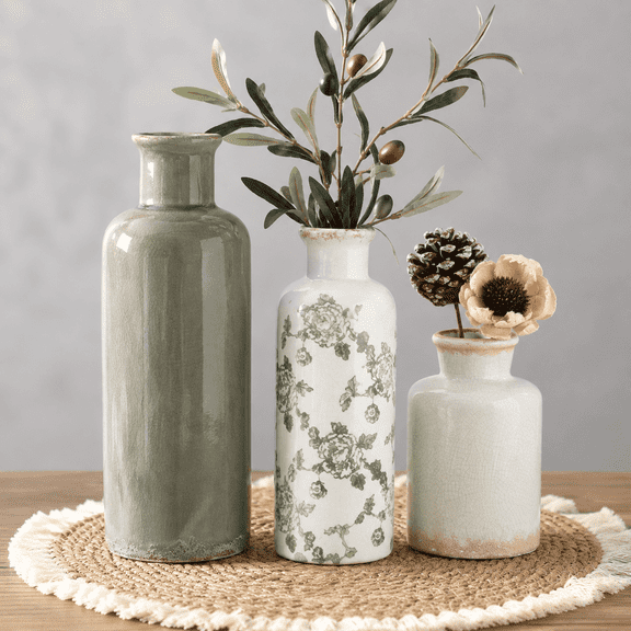Vintage Ceramic Vase Set of 3, Vases for Decoration for Table Bookshelf Mantel Kitchen Living Room Office