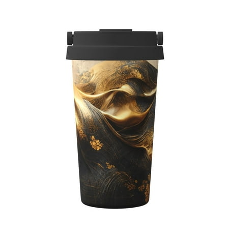 

Uemuo Luxurious Gold Flow Print Carry Insulated Coffee Mug Travel Mug with Hidden Handle Insulated Coffee Flask Leak-proof Travel Mug Insulated Mug for Office