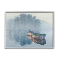 Stupell Foggy Boat Lake Reflection Landscape Painting Gray Framed Art Print Wall Art