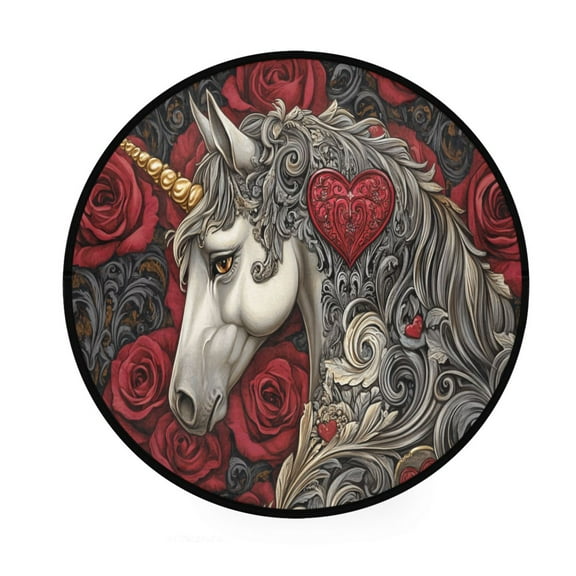 BZSMCE Round Decorative Floor Mat Unicorn Roses Hearts Pattern 36.2IN
