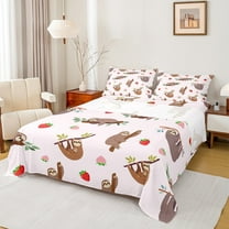 Manfei Cartoon Sloth Lover Twin Sheet Sets, Red Strawberry Twin Fitted Sheet, Kawaii Cute Animal Flat Sheet, Super Cozy Room Decor, 3-Piece